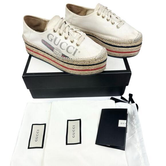 Gucci Lilibeth Lace Up Platform Espadrilles EU 38 US 8 Canvas GG Sneaker - Picture 1 of 14